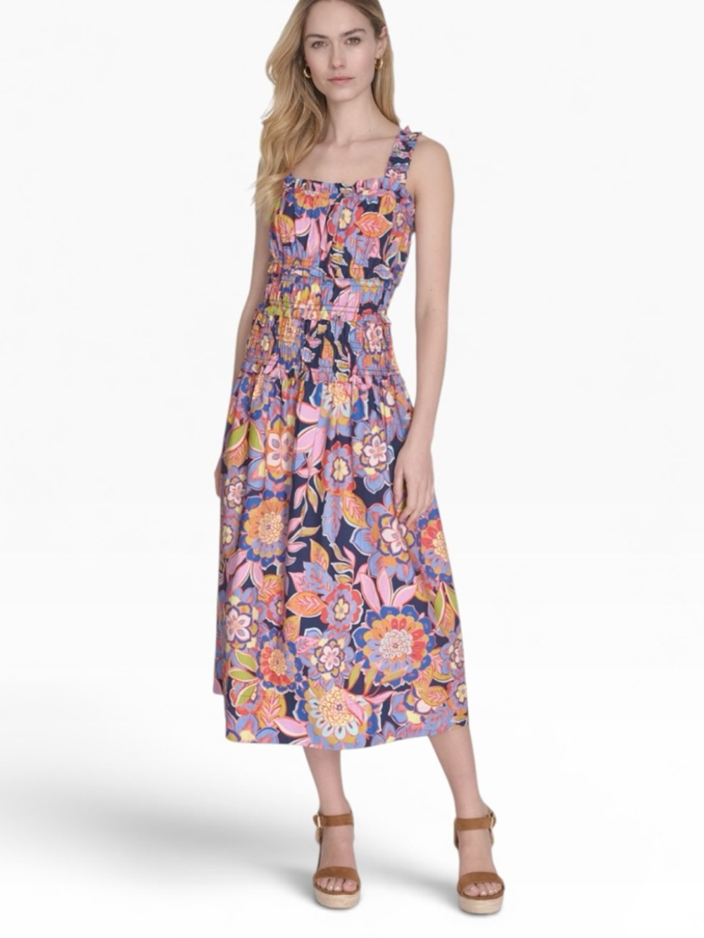Eliza J Smocked Floral Print Cotton Midi Dress Vibrant Abstract Retro NEW/NWT 0P